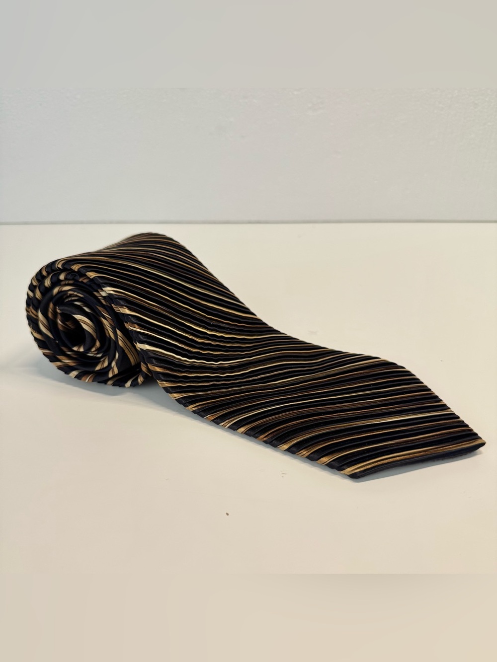 VITALIANO PANCALDI Pleated Brown Black Silk Tie Handmade In Italy With Chain 62”